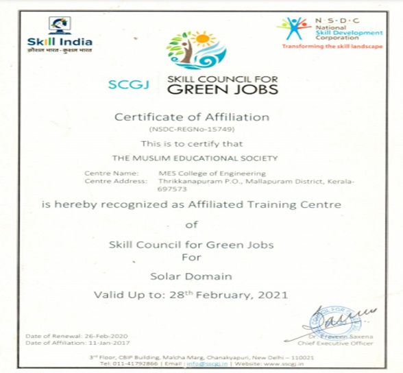 Evidence of Success - College is affiliated as a training center of the skill council for green jobs for the solar domain